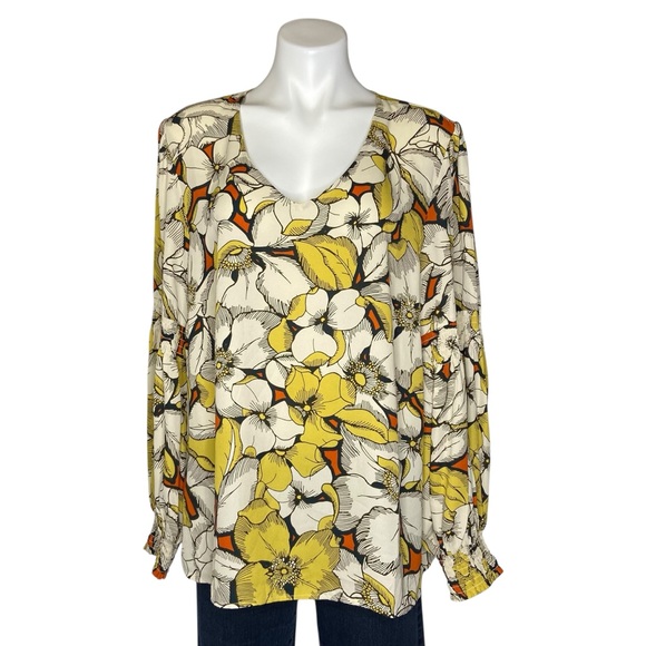 CABI 3954 Sequel Retro Floral Long Sleeve V Neck Blouse Yellow Size XL - Picture 2 of 14